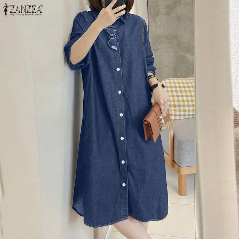 ZANZEA Women Casual Turn Down Collar Loose Long Sleeve Shirt Dress