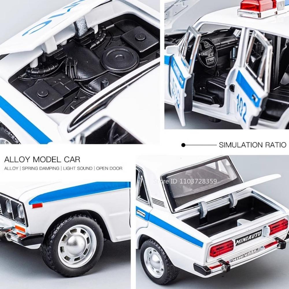 1:24 Lada 2106 Police Car Model Toy Metal Diecast Vintage Cars Sound Light Doors Opened Pull Back Simulation Vehicles Kids Gifts
