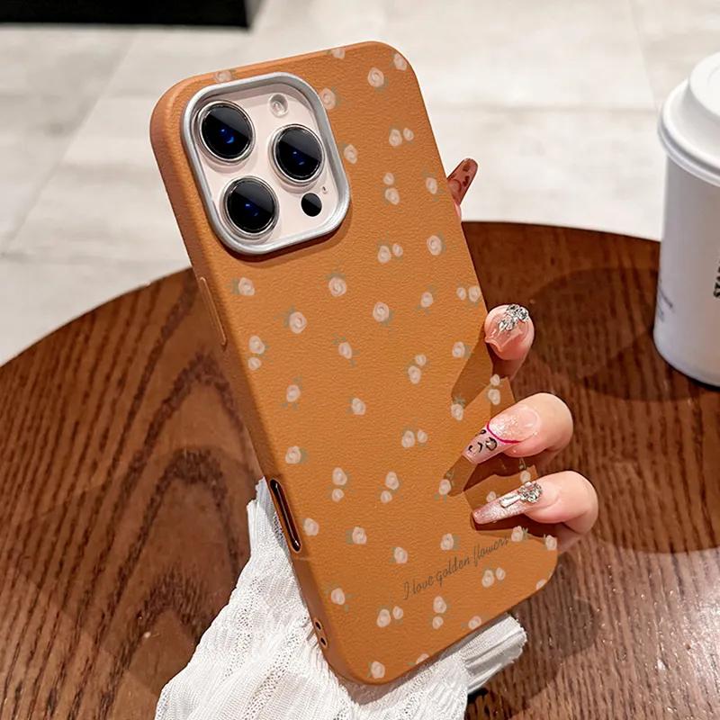 Pink Flowers Leather Pattern Phone Case For iPhone 16 15 14 Pro Max 13 12 11 XS X XR 7 8 16 Plus SE 2022 Shockproof Soft Cover