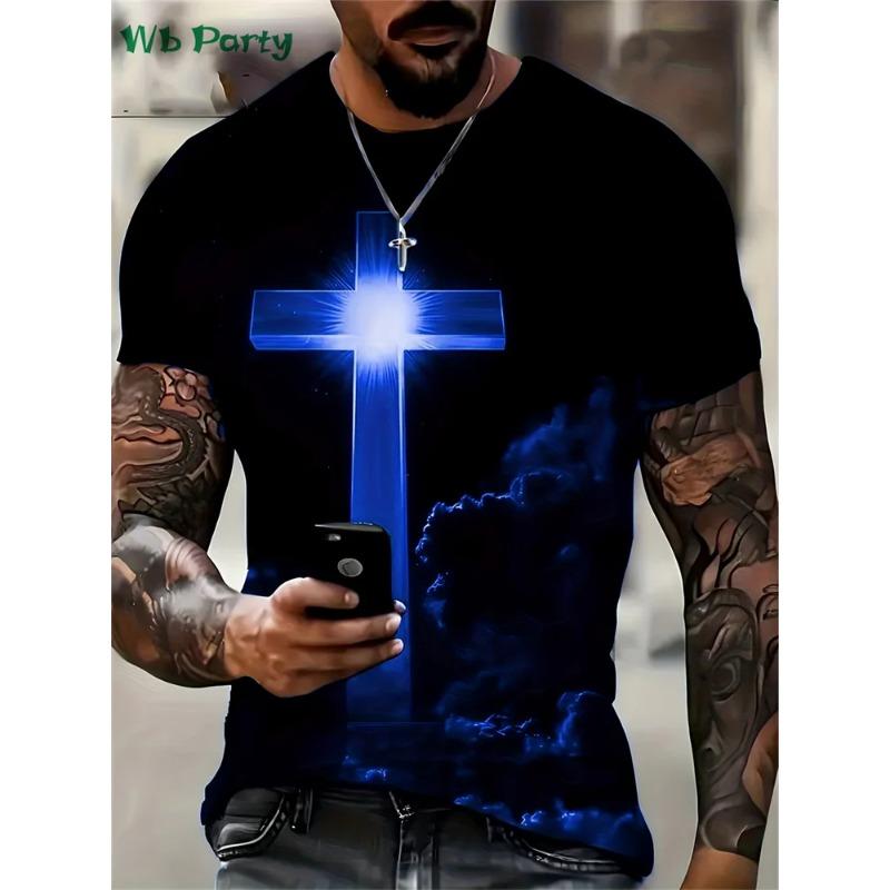Fashion Crucifix 3D Print Mens Clothing Round Neck T-shirts for Men Casual Loose Men's Clothing Street T-shirts