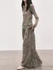 2026 Spring/Summer Botanical Print Faux Silk Top & Pleated Wide-Leg Pants Set