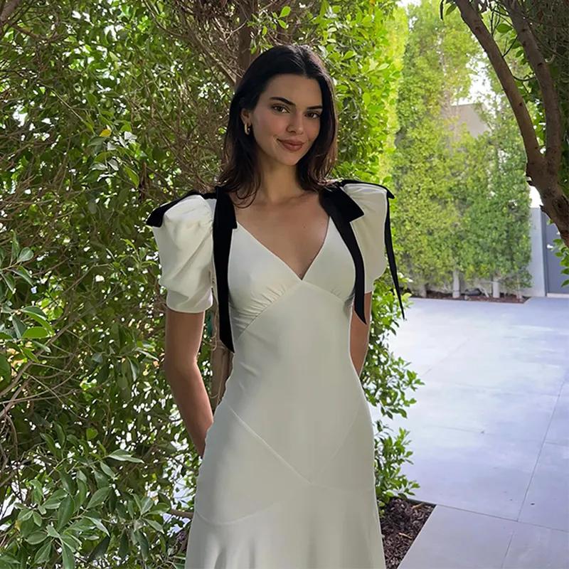 Französischer Stil Retro V-Ausschnitt Puffärmel Langes Kleid Sommer Damenkleid