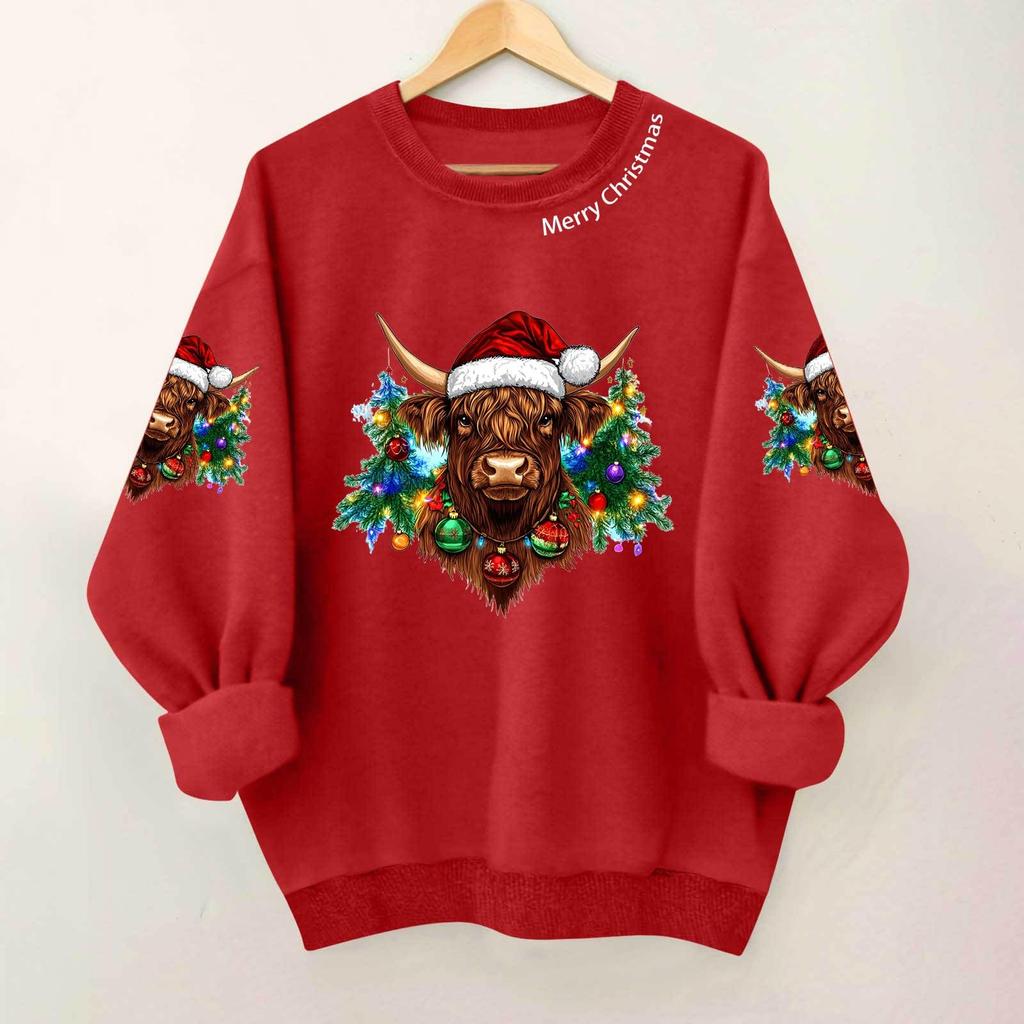 Ladies' Casual And Fashionable Round Neck Top With Christmas Print Hooded T-shirt Long Sleeved Sweatshirt