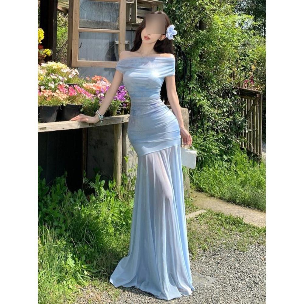 Wind Tube Top Tulle Slimming Holiday Slanted Shoulder Atmosphere Slightly Transparent Kinked Long Dress Dress Women's Summer