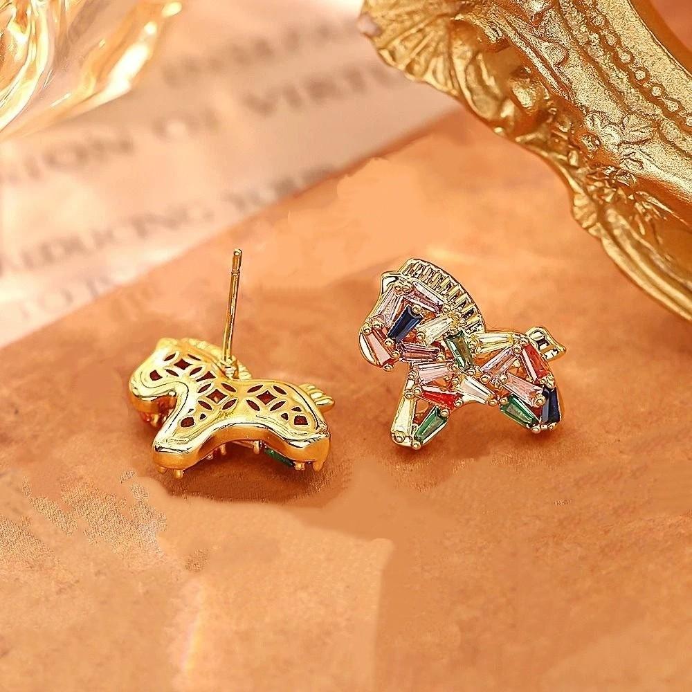 Copper Horse Earrings Necklace Rhinestone Vintage Zircon Earrings Necklace  Woman