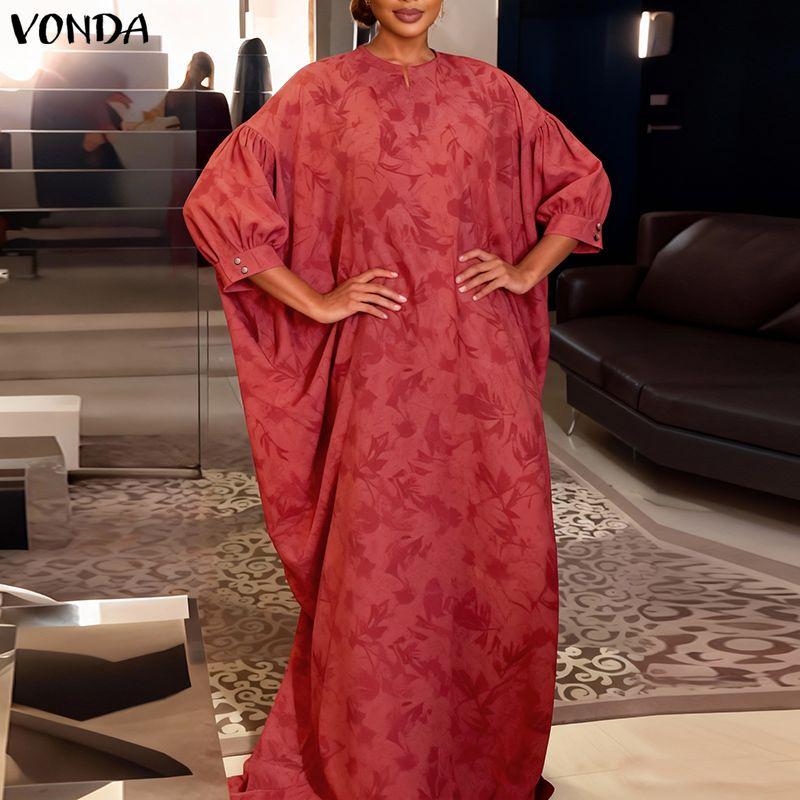 VONDA Overszied Women Batwing Sleeve Floral Print Loose Casual Long Maxi Robe Dress