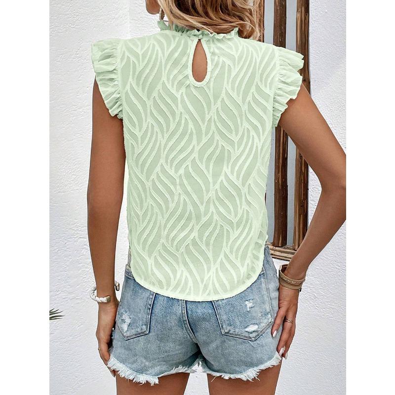 Summer Elegant Women Fashion Blouse Ruffled Sleeve Loose Jacquard Shirt Female Women's Vest Sweet Ladies Chiffon Tops  Lotus Leaf Collar Top Clothes