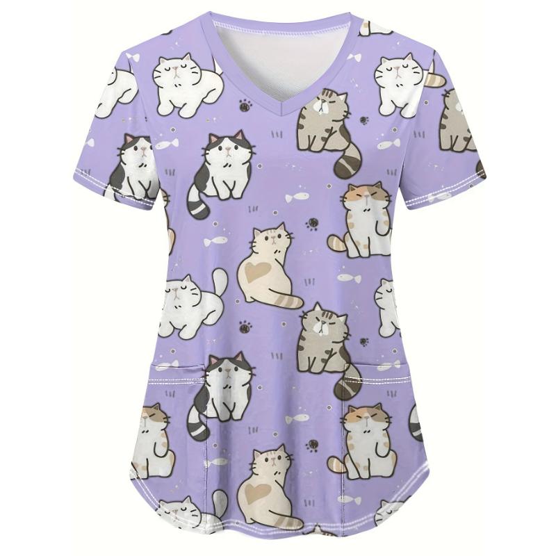 Medical Uniform for Women Cute Cat and Dog Print V-Neck Clinical Uniform Short Sleeve Patch Pocket Tops Surgical Uniforms Woman