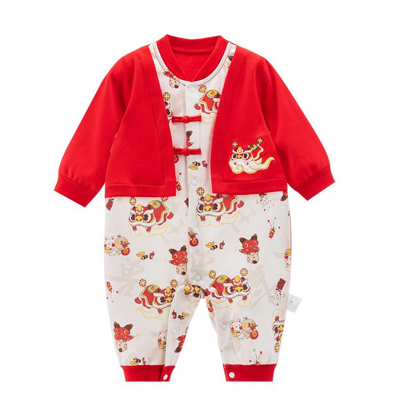 Chinese Style Newborn Long Sleeve Two-Piece Look Romper - Autumn Baby Bodysuit for Crawling