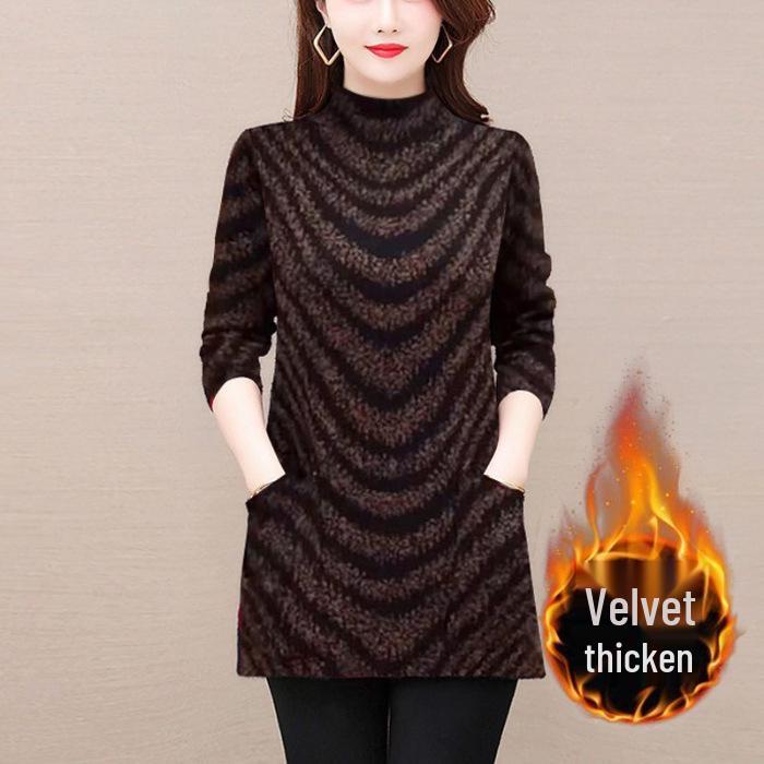 Stylish Winter Mom s Fluffy Half-High Collar Printed Top M