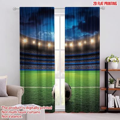 Set Of 2 Flat Printingsports Curtains Soccer Ball Stadium Arena Night Fans Cheering Green Field Suitable Curtain Polyester