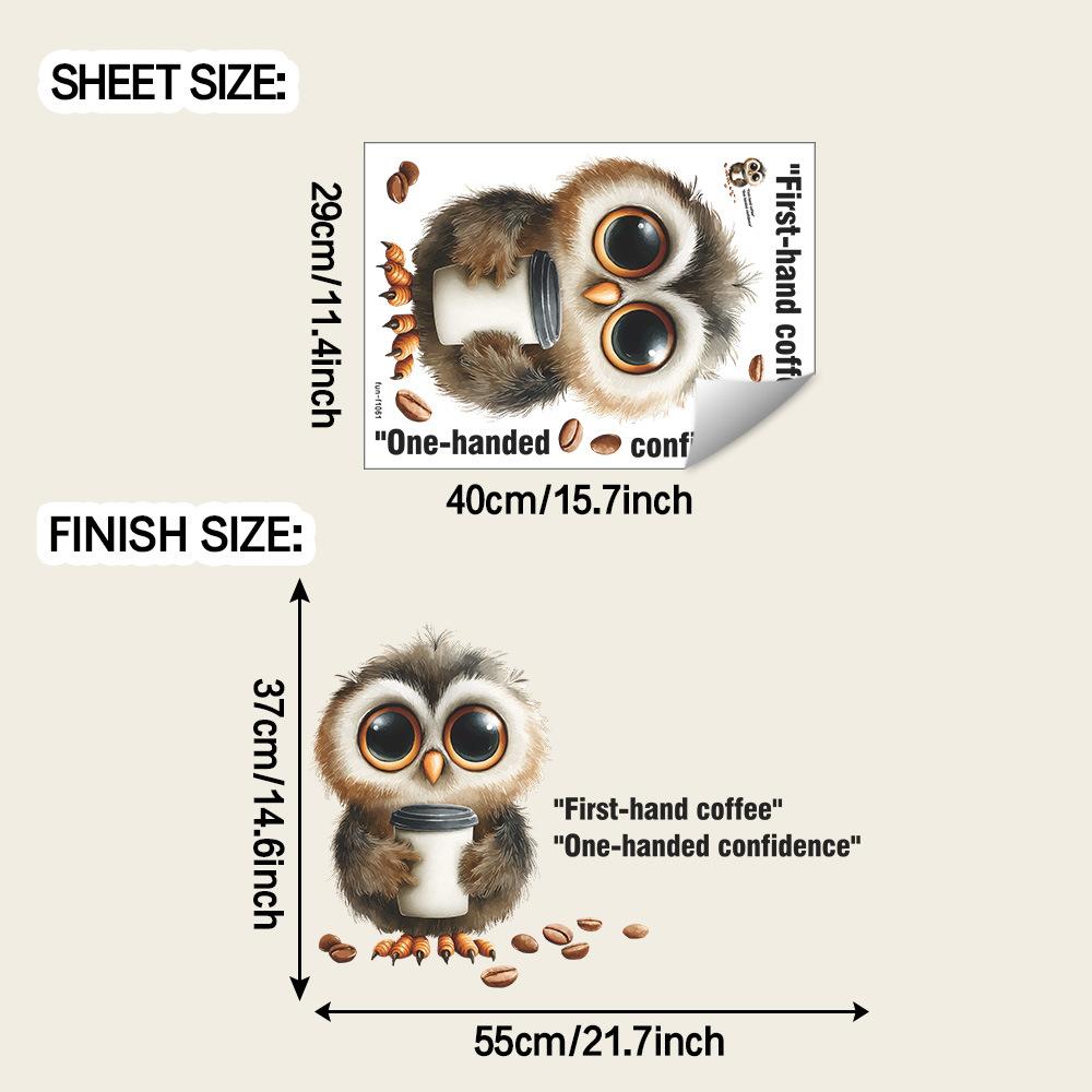 Cartoon Owl Drinking Coffee with Motivational Quote Cafe Wall Sticker Self-Adhesive Removable Decal