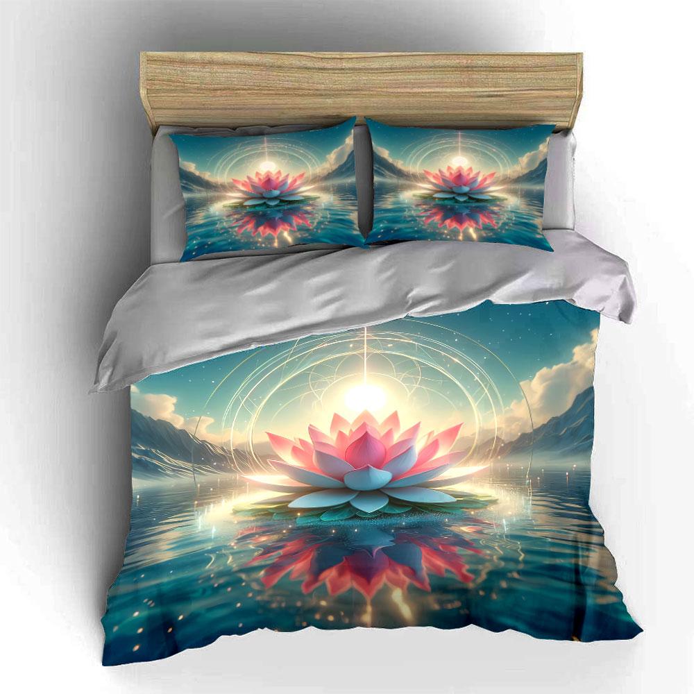 Lotus Flower Spiritual Decor Set Bedding Set with 1 Duvet Cover 2 Pillowcases Single Double King Queen, Gift