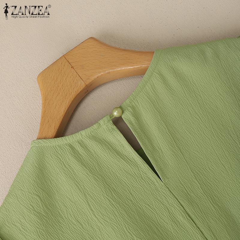 ZANZEA חולצת נשים קז'ואלית עם צווארון עגול ושרוולים קצרים, תחרה מחוברת