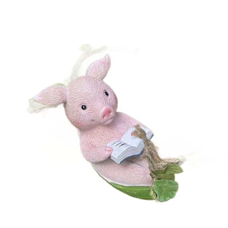 Cute Little Pig Reading Swing Pendant for Garden, Courtyard, Balcony, Resin Craftwork, Decorative Item, Resin Product