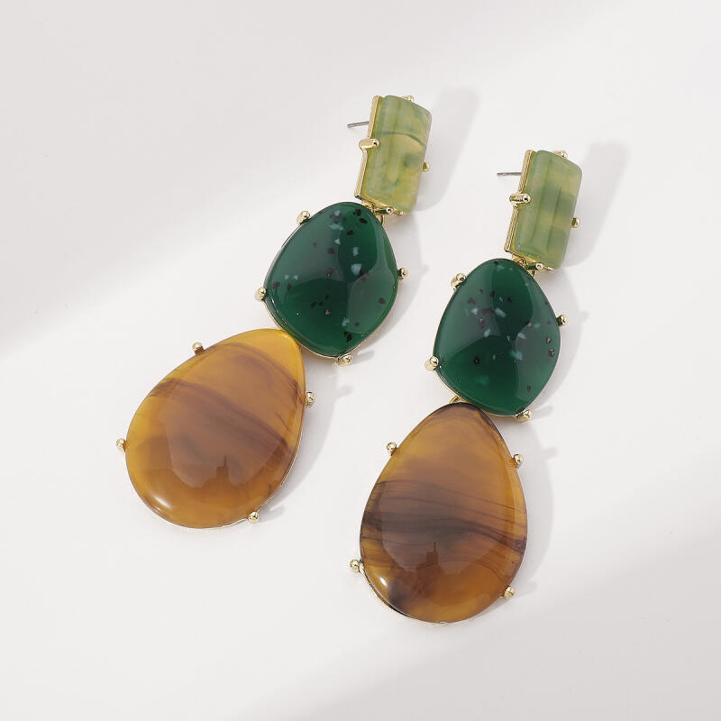 Geometric Resin Splicing Pendant Earrings for Women Ladies Classic Vintage Long Waterdrop Shaped Earrings Jewelry Accessories