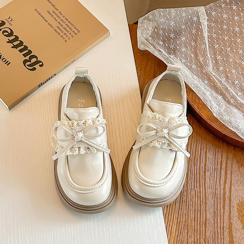 Children's British-style solid color leather shoes2026New Spring and Summer Girls' Lace Bow Performance Shoes
