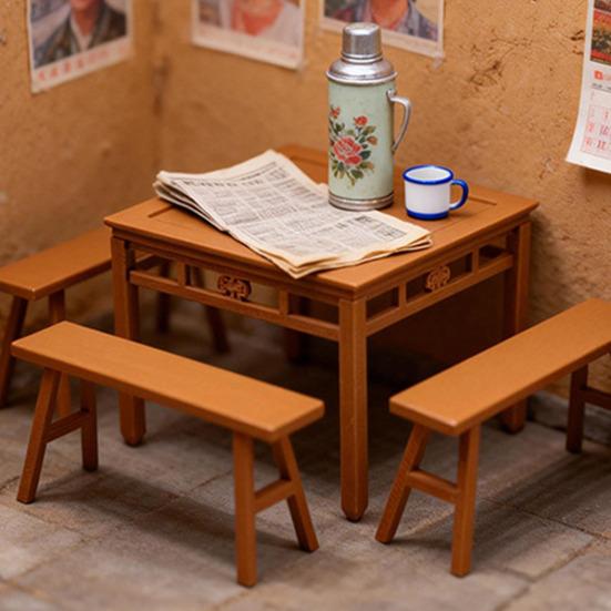 1 Set Miniature Dining Table Bench Vintage Mini Square Table Long Bench Model Toy DIY 1/12 Dollhouse Furniture Decoration Accessories
