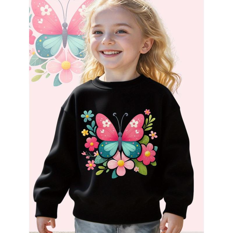 Kids Sweatshirt Butterfly with Flowers Illustration Print Long Sleeve Crewneck Sweatshirt - Soft Casual Pullover Top , Fall Winter Clothing