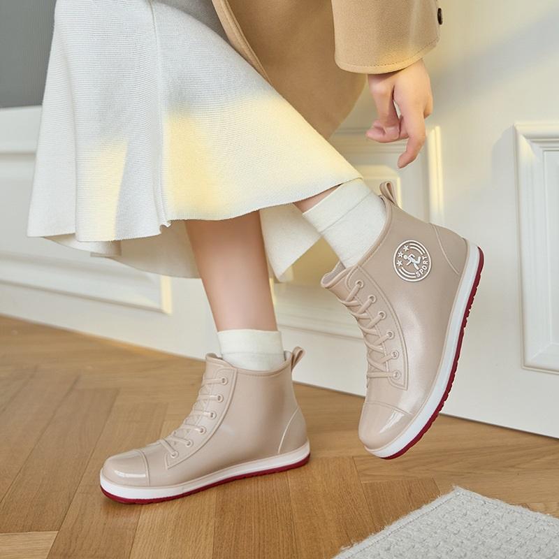 Women Ankle Rain Boots Lace Up Canvas Style Waterproof PVC Rubber Wellies Non Slip Casual Short Rain Shoes