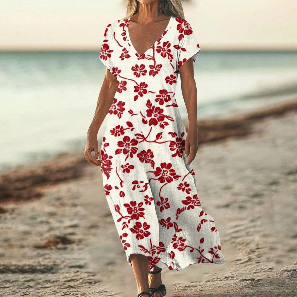 Fashion Women's Summer V-Neck Short Sleeve Floral Print Beach Dress