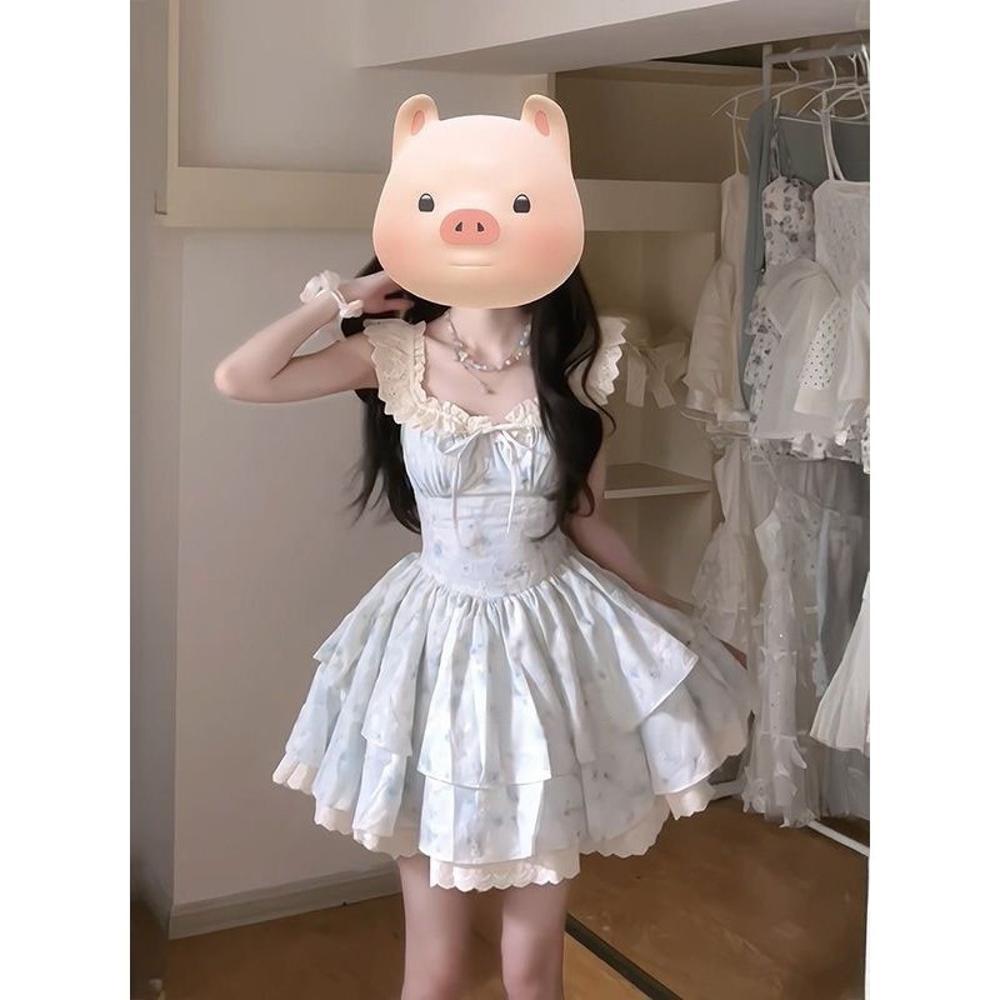 

Летний французский нежный ветер сладкая талия юбка-пачка супер хорошо выглядящее французское уникальное красивое цветочное платье на бретелях XL- (recommended 110-60kg) синий