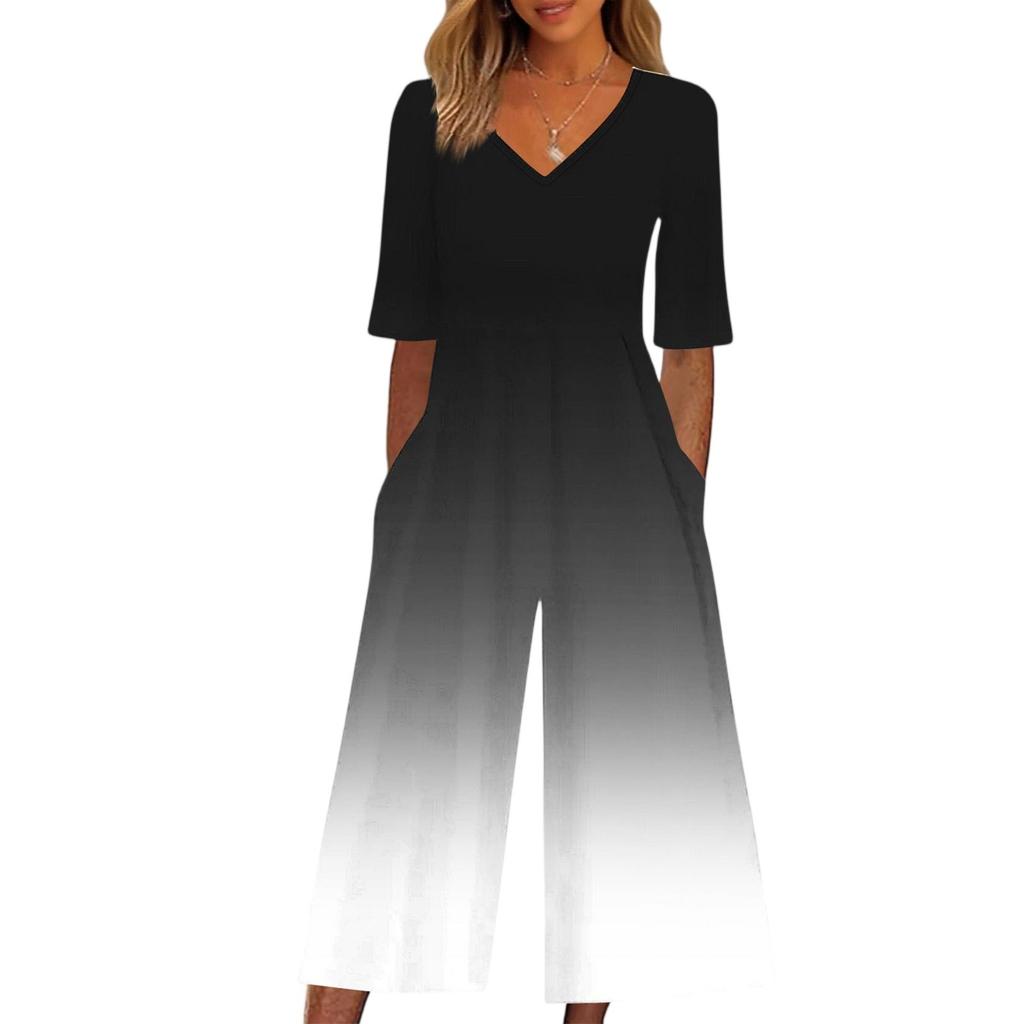 Women's Loose Casual V-Neck Gradient Printed Jumpsuit Slim Fit Wide Leg Jumpsuit