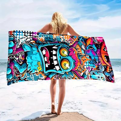 Vibrant Graffiti Beach Towel - Lightweight, Quick-drying Microfiber with Colorful Cartoon Monster Graphics