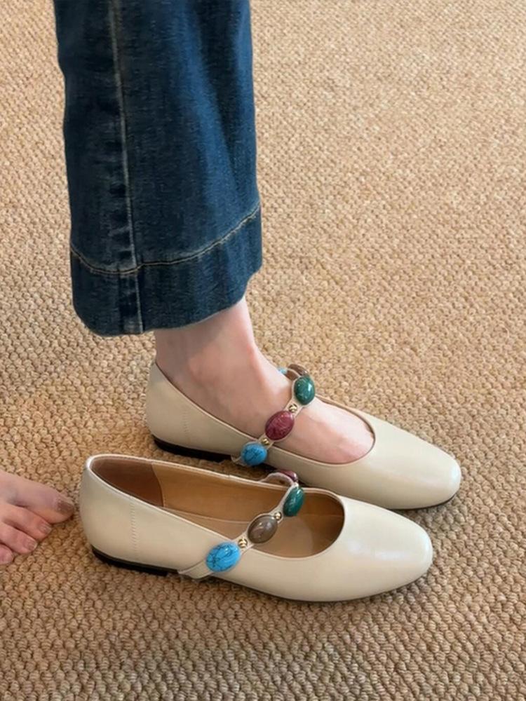 

Sheepskin~ Genuine leather retro French shallow mouth one-word ballet single shoes women s flat commuting Mary Jane small leather shoes 35