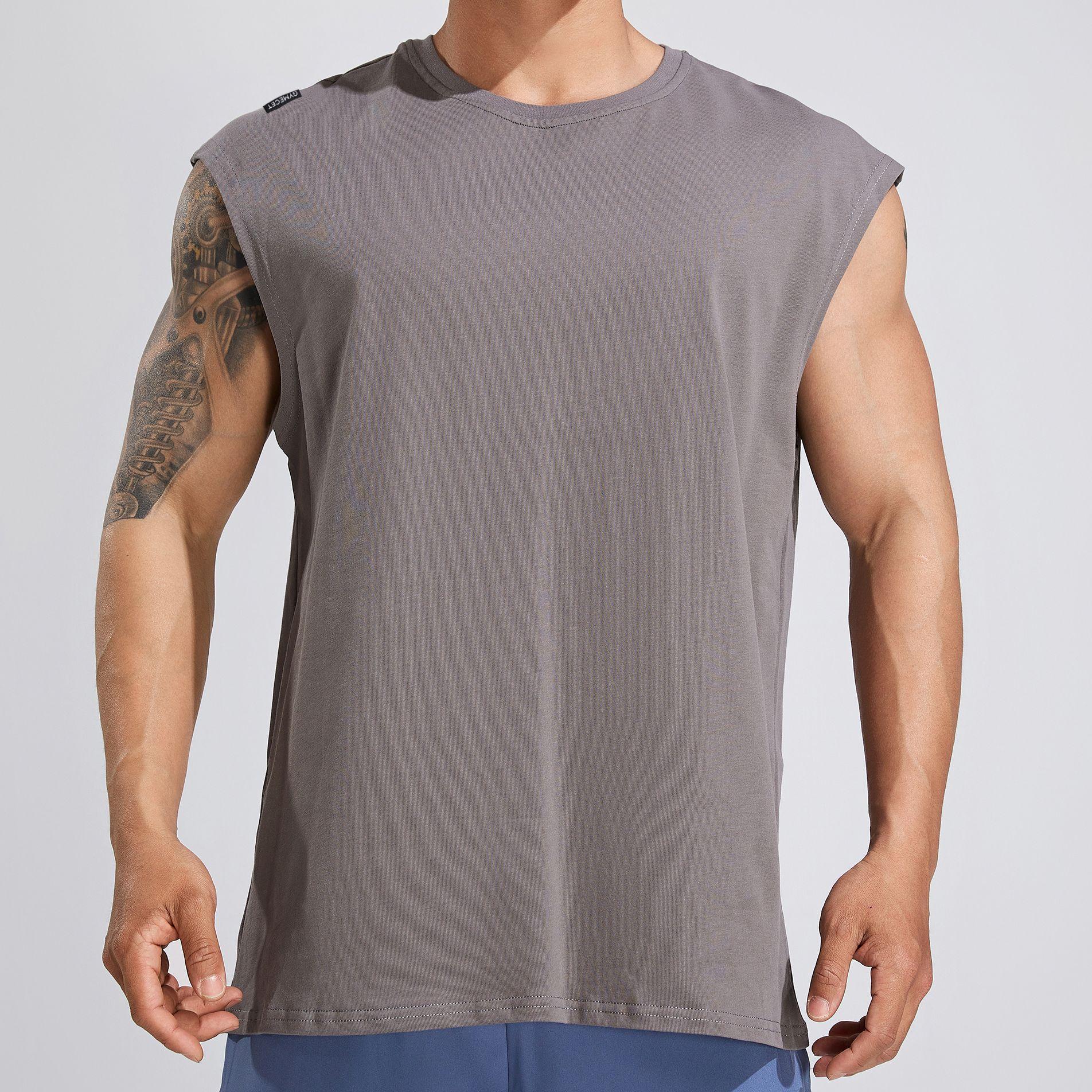 

Мужской летний хлопковый фитнес-топ с широкими плечами, повседневная спортивная рубашка без рукавов для бега XXL серый