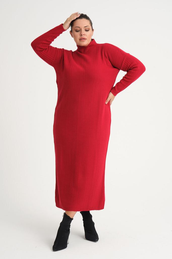 Damen Big Size Kleid Grün Halb Rollkragen Strickkleid Plus Size