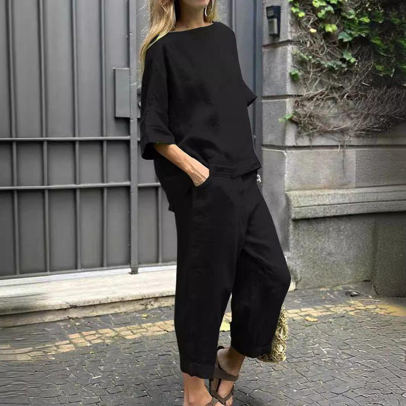 Women's Shirt Set2025 Summer New Arrival Women's Plus Size Cotton Linen Shirt Outfit High Waist Loose Pants
