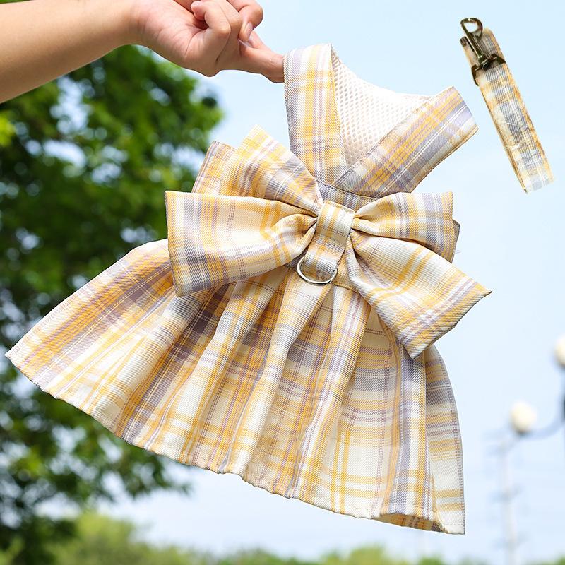 Pet JK plaid dog skirt chest strap leash walking dog cat vest clothes