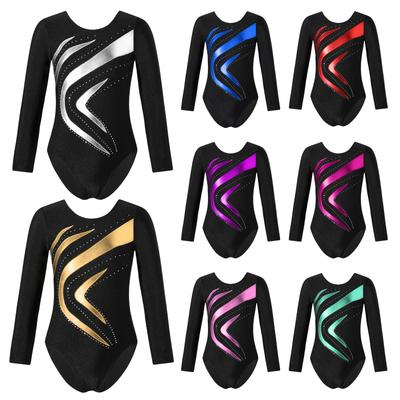 Kids Girls Dance Leotard: Shiny Rhinestone & Bronzing Cloth Patchwork Design, Slim Fit Long Sleeve Top for Ballet Class