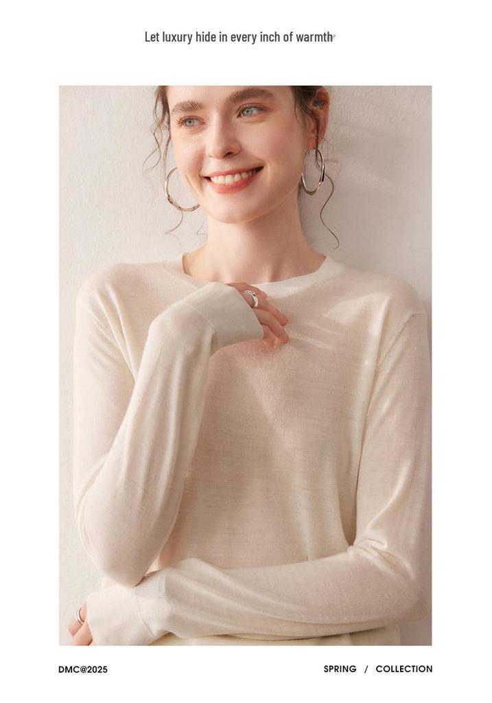 Women's Pure Wool Round Neck Knit Sweater - Autumn/Winter Base Layer