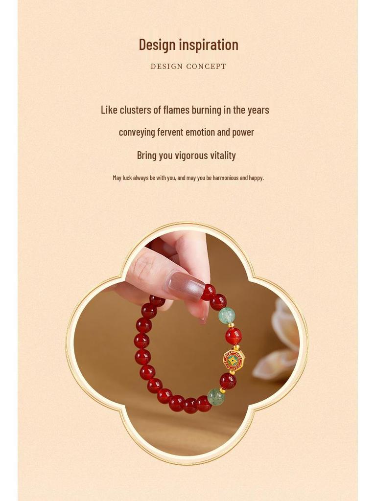 Red Agate & Green Strawberry Crystal Beaded Bracelet with S925 Sterling Silver and Enamel, Vintage Women's High-End Jewelry.