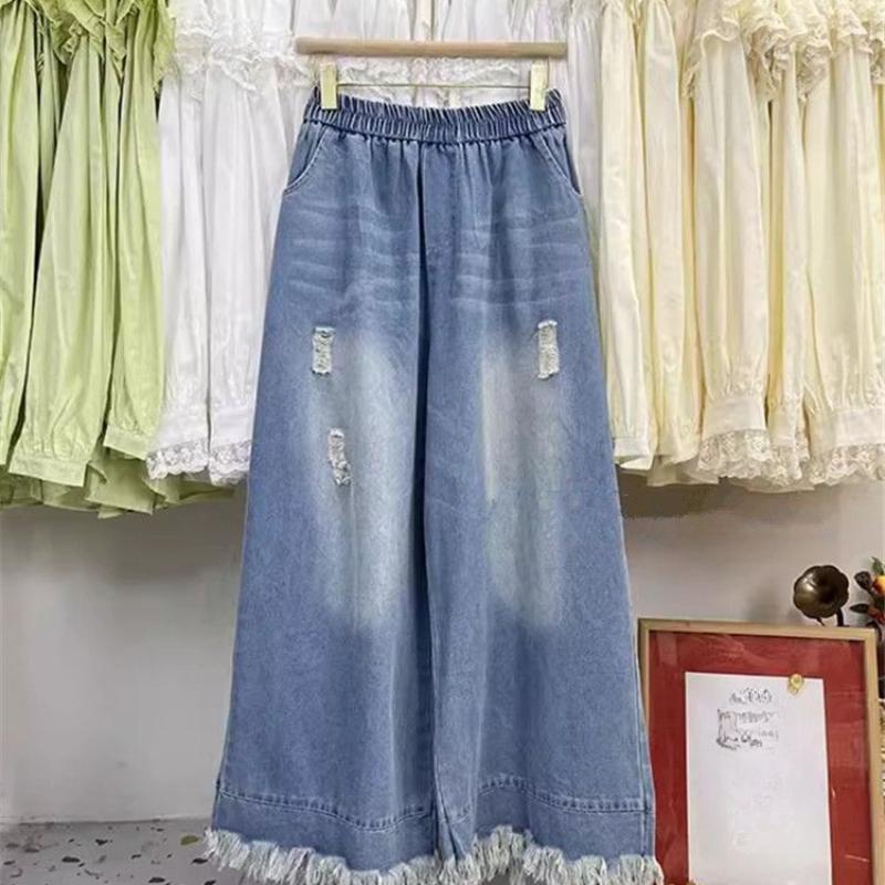 

MOJTA Women Spring Autumn Plus Size Tassel Jeans Casual Loose Pants Wide Leg Trousers L [80-60kg]