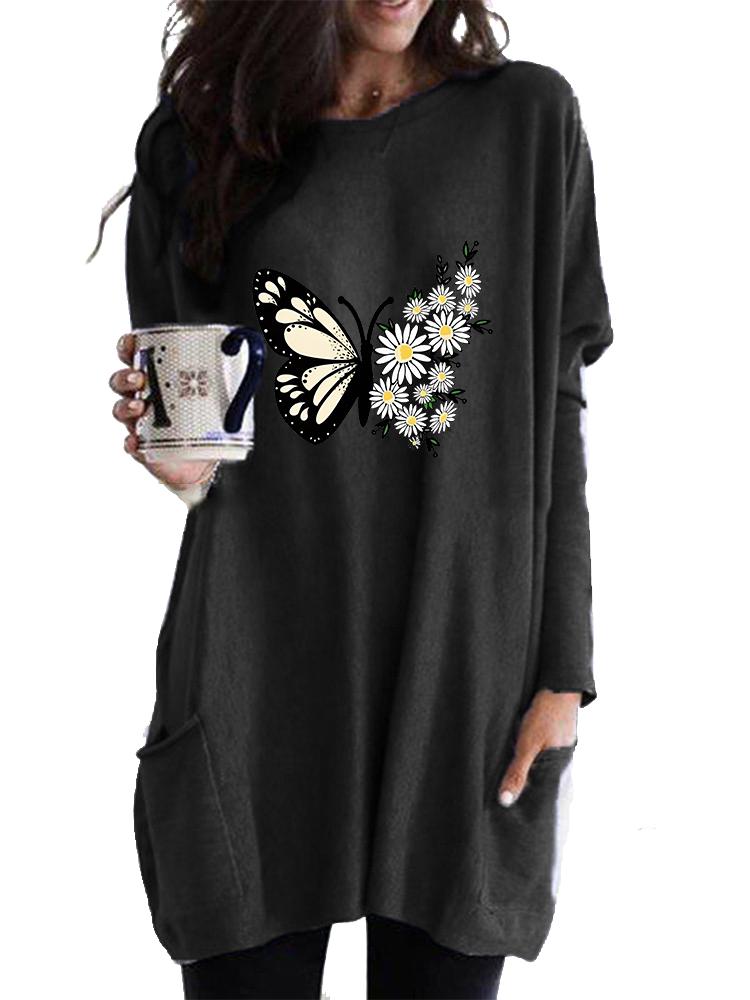 Women's Long Tunic with Pockets Loose Fit Fashion Printed Logn Sleeve Top Women's Sweatshirt