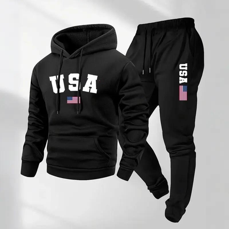 New USA Flag Print Unisex Hoodie & Pants Set - Autumn/Winter Trend