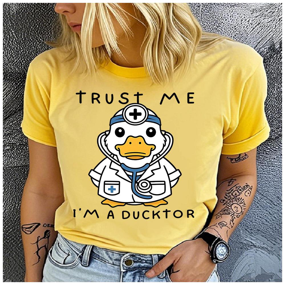 Unisex 100% Polyester Summer Top "Believe Me, I'm a Duck Doctor!" Print Loose round Neck Short Sleeve Fashion for Astrology Lovers