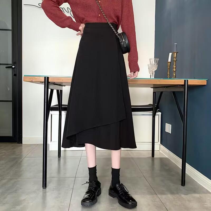 Black Irregular High-Waisted A-Line Skirt - Mid-Length Umbrella Style for Spring & Autumn 2026