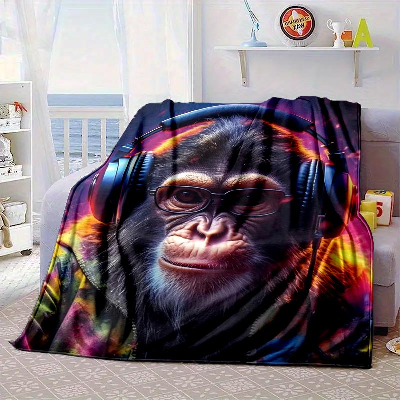 Monkey Music Headphones Blanket Flannel Blanket for bed, sofa, Camping, Hiking, Picnic Essentials, gift for family Fan gifts