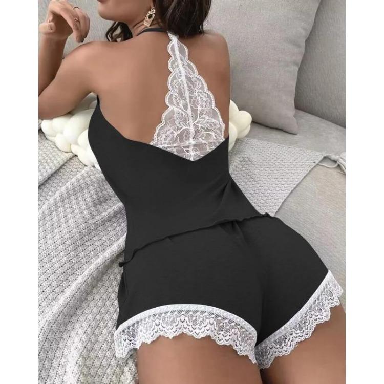 Women's Sexy Sleeveless V-Neck Crochet Lace Pajamas Set 2 Piece Casual Solid Home Clothes Daily Wear Suit