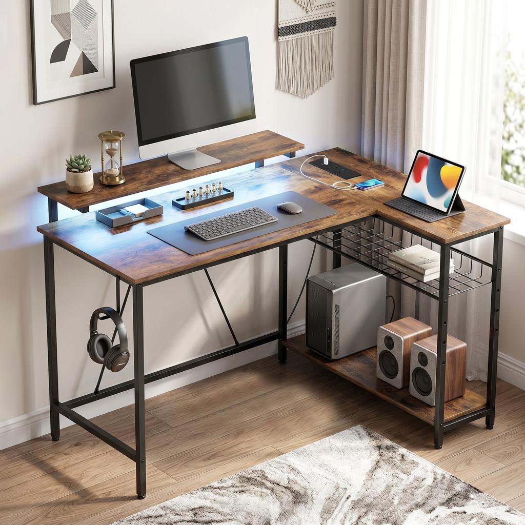 Reversible 'L' LED Light Gaming/Work Desk - Rustic Brown