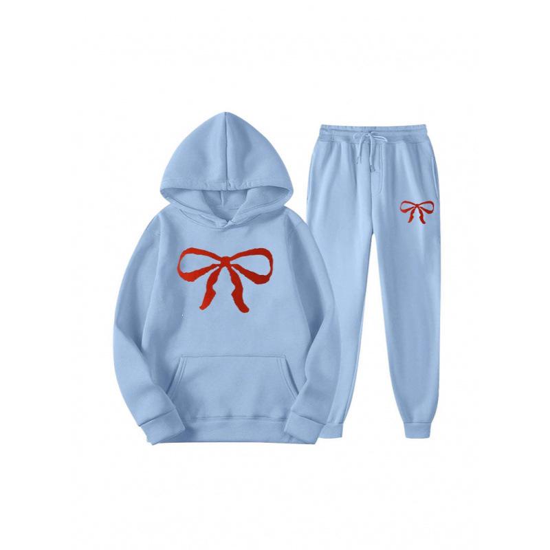 Unisex Casual Hoodie and Sweatpants Set - Loose Fit, Bowknot Printed
