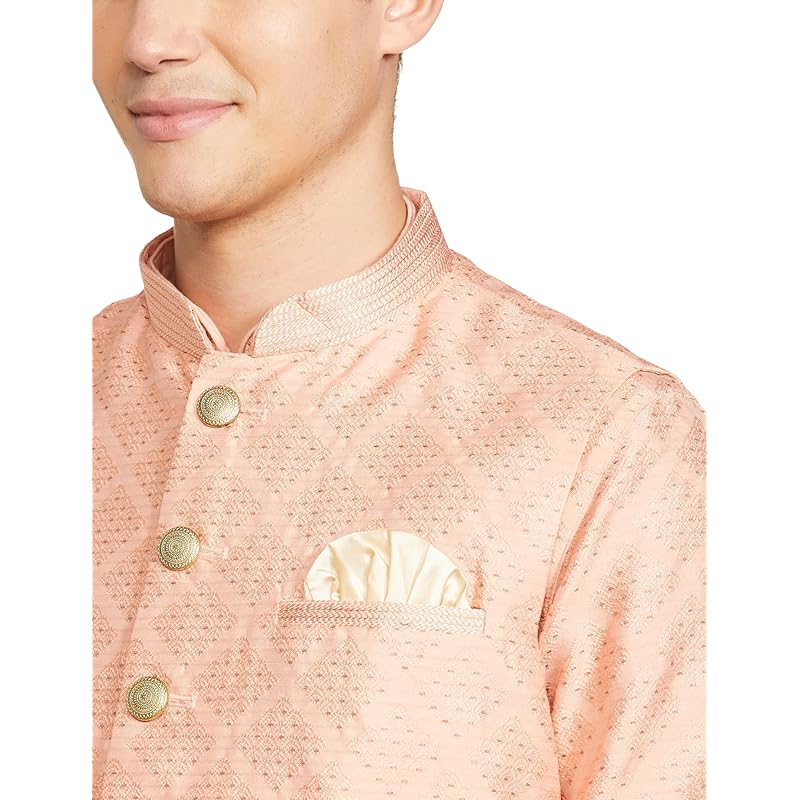 Manyavar Peach Art Silk Self design Celebration Kurta Jacket Set with Mandarin Collar S