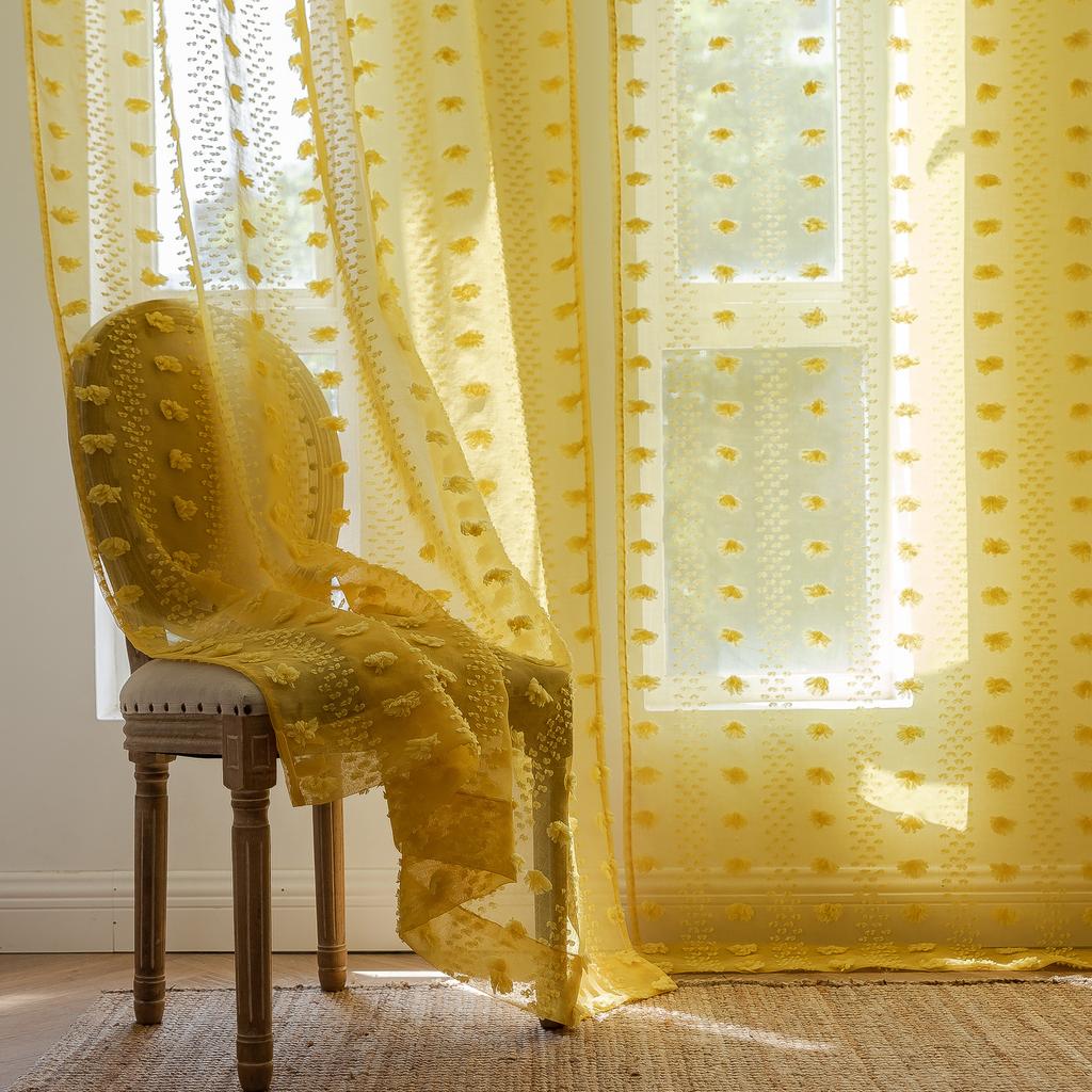 Finished Curtains Tufted Cursing Hair Ball Solid Color Pink Living Room Bay Window No Punching Through Rod Curtain