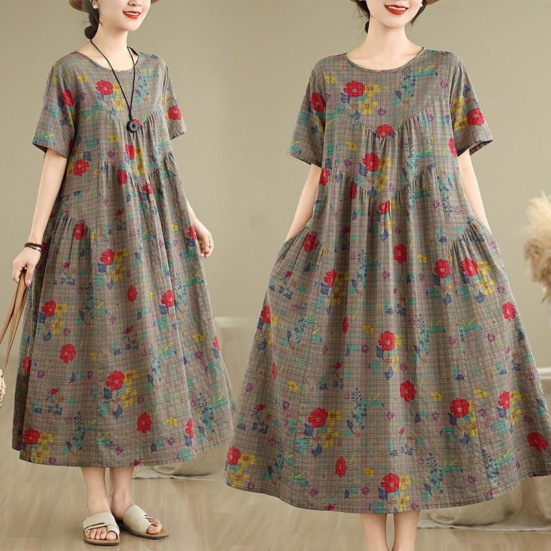 

2025 summer new retro round neck short-sleeved printed cotton and linen dress women s loose and thin A-shaped long dress XXL