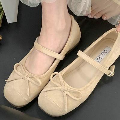 French Suede Mary Jane Shoes Women's 2025 New Bow Square Head Ballet One-word Buckle Heightening Shoes