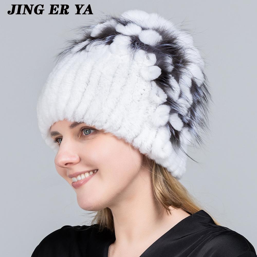 Winter Women's Warm Fashion Beanie Knitted Hat Real Rex Rabbit Fur Hat Knitted with Side Flower Russia Hat